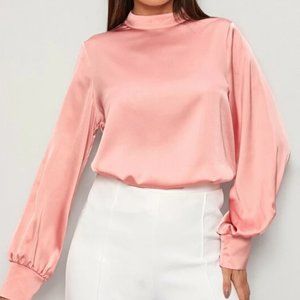 Pink Mock Neck Satin Blouse in XS